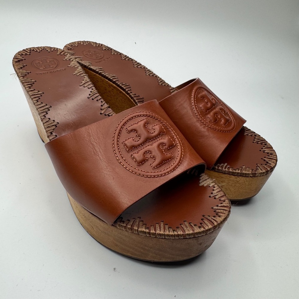 Tory Burch brown leather wood Wedge Sandals Platform Slides 8.5